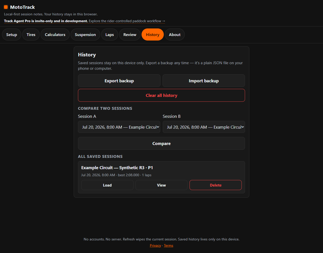 Sanitized MotoTrack Log history showing a synthetic local session