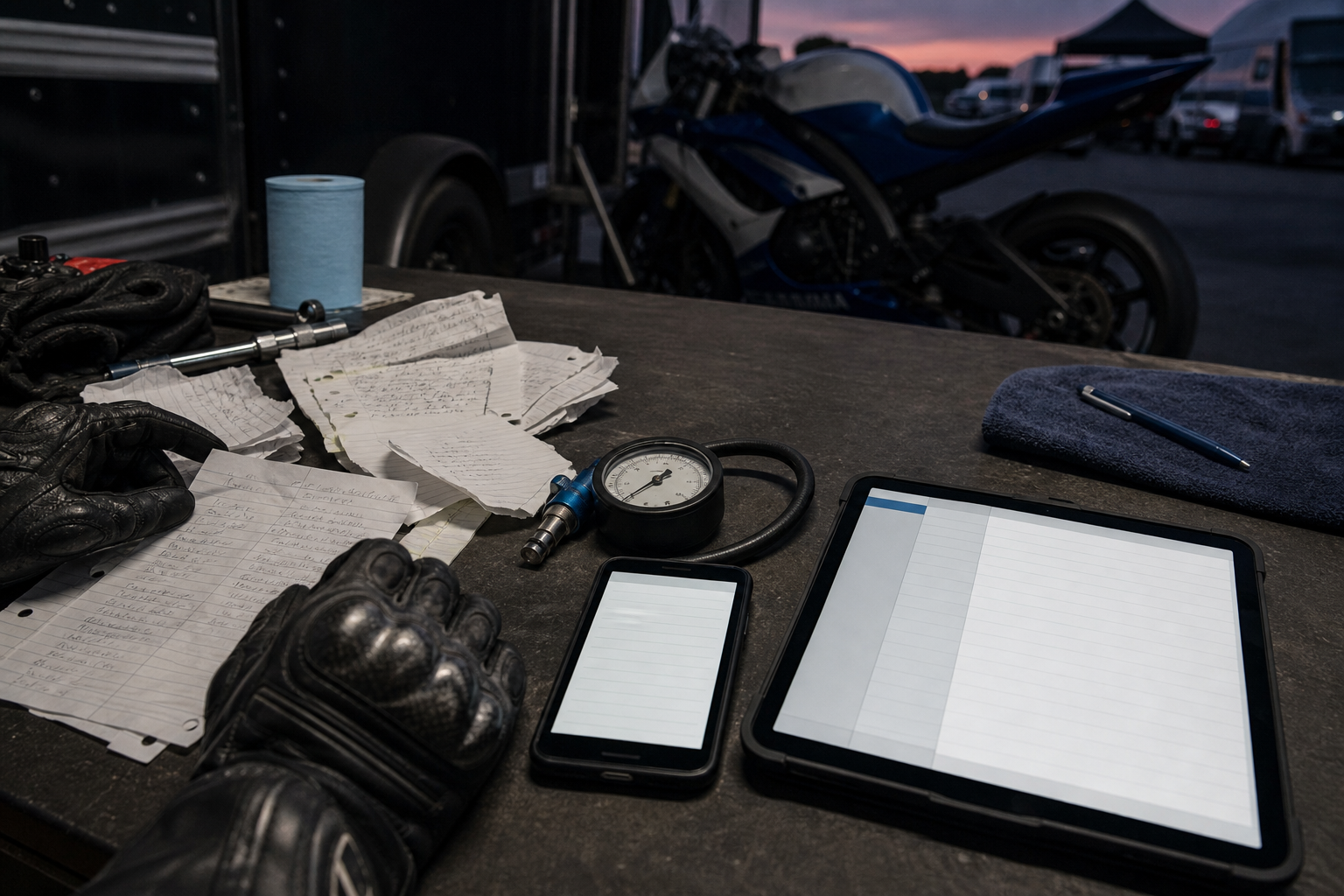 Sanitized paddock notes, a pressure gauge, and an organized digital session record
