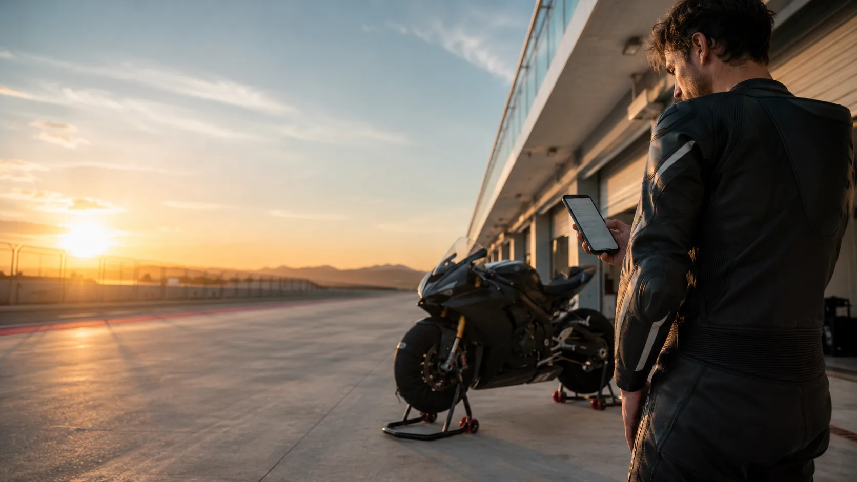 Rider reviewing a session at a quiet paddock garage