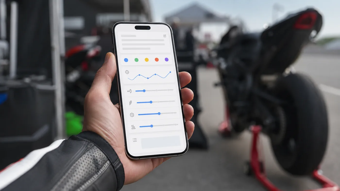 Phone-based motorcycle session review in a paddock