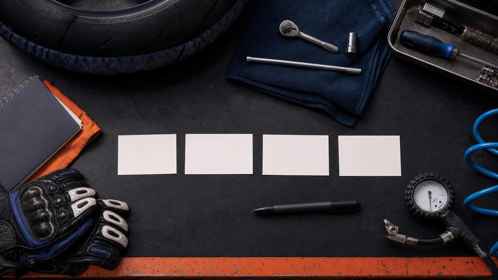 A privacy-safe paddock workbench with four blank workflow cards, a notebook, and a tire pressure gauge